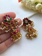 Kundan ruby earrings with gundus and pearls bunch-Earrings-PL-House of Taamara