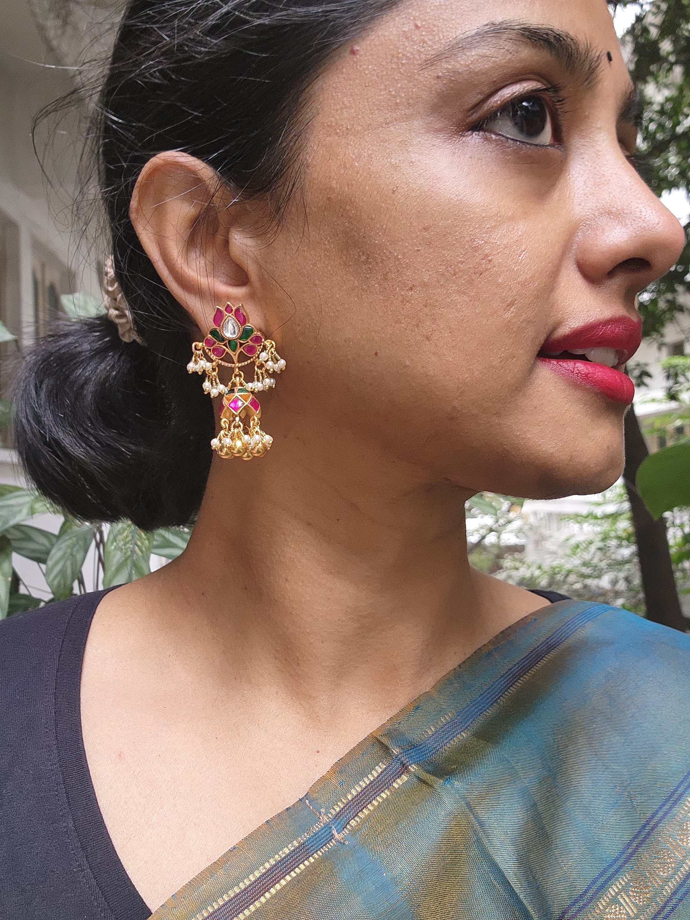 Kundan ruby earrings with gundus and pearls bunch-Earrings-PL-House of Taamara