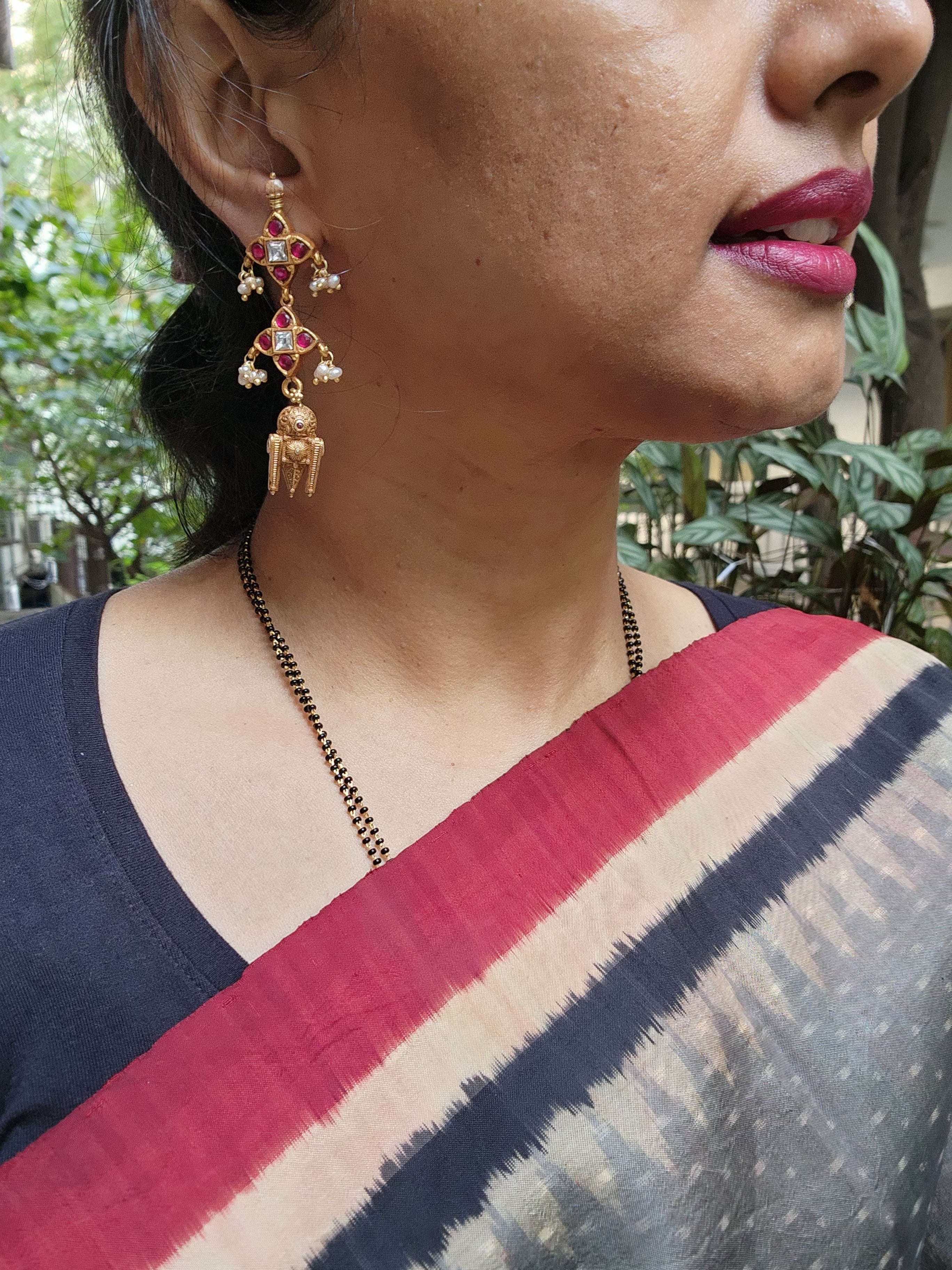 Kundan ruby earrings with vintage style taali drop-Earrings-PL-House of Taamara