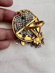 Kundan, ruby & emerald adjustable ring with antique pearls-Finger Ring-CI-House of Taamara