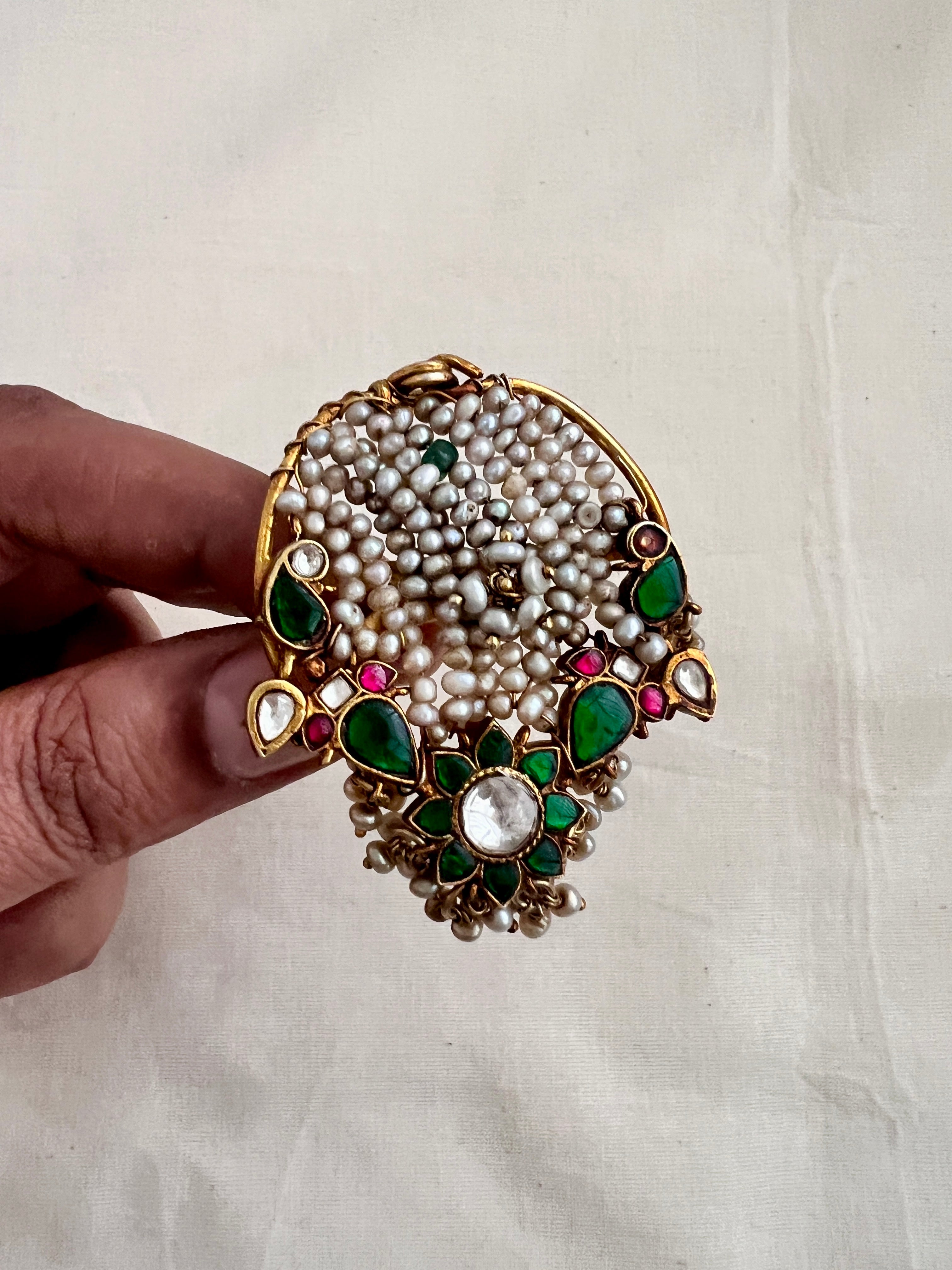 Kundan, ruby & emerald adjustable ring with antique pearls-Finger Ring-CI-House of Taamara