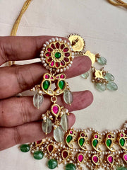 Kundan, ruby & emerald bird choker with pearls & jade beads, SET-Silver Neckpiece-CI-House of Taamara