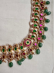Kundan, ruby & emerald bird choker with pearls & jade beads, SET-Silver Neckpiece-CI-House of Taamara