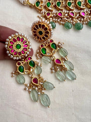 Kundan, ruby & emerald bird choker with pearls & jade beads, SET-Silver Neckpiece-CI-House of Taamara