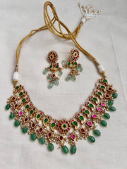 Kundan, ruby & emerald bird choker with pearls & jade beads, SET-Silver Neckpiece-CI-House of Taamara