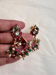 Kundan, ruby & emerald chaandbalis with pearls & green onyx beads-Earrings-CI-House of Taamara