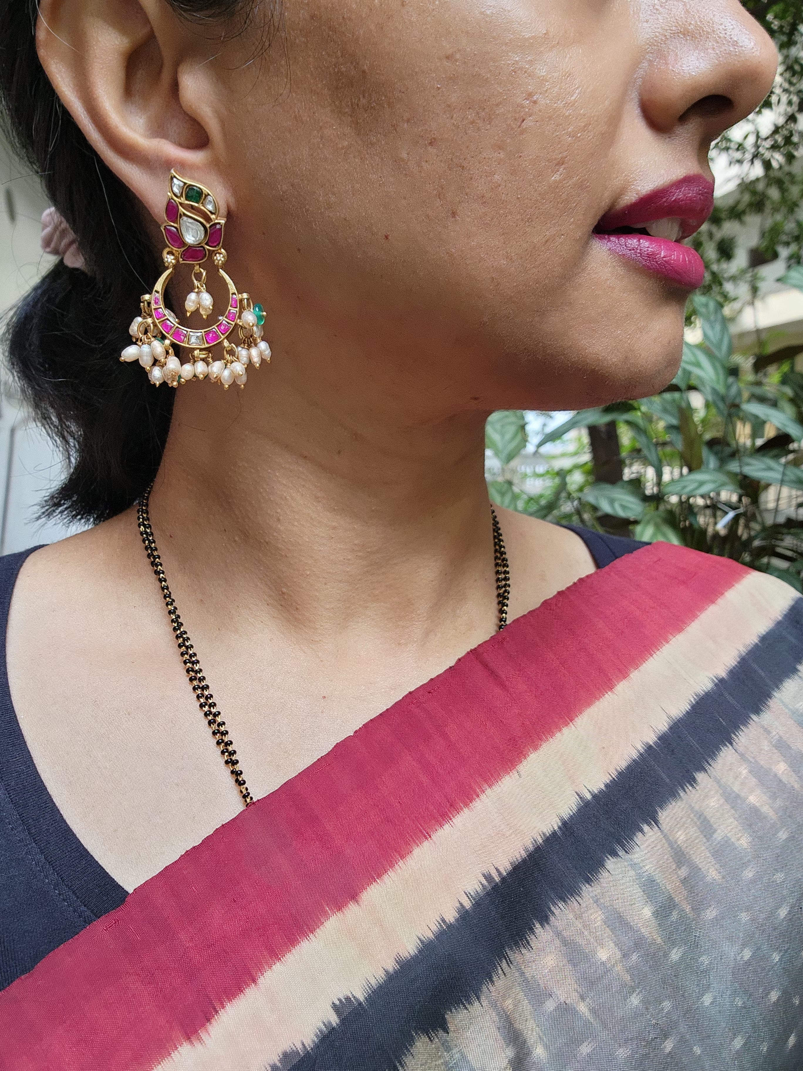 Kundan, ruby & emerald chaandbalis with pearls & green onyx beads-Earrings-CI-House of Taamara
