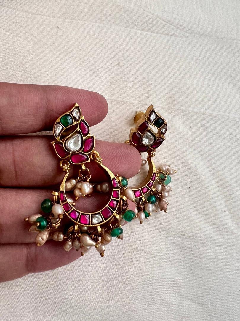 Kundan, ruby & emerald chaandbalis with pearls & green onyx beads-Earrings-CI-House of Taamara