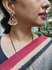 Kundan, ruby & emerald chaandbalis with pearls & green onyx beads-Earrings-CI-House of Taamara