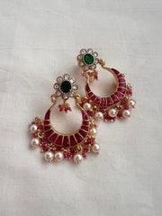 Kundan, ruby & emerald chandbalis with pearls & ruby beads-Earrings-CI-House of Taamara