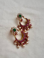 Kundan, ruby & emerald chandbalis with pearls & ruby beads-Earrings-CI-House of Taamara