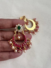 Kundan, ruby & emerald chandbalis with pearls & ruby beads-Earrings-CI-House of Taamara