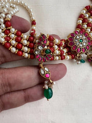 Kundan, ruby & emerald choker stringed with coral and pearl beads-Silver Neckpiece-CI-House of Taamara