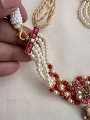 Kundan, ruby & emerald choker stringed with coral and pearl beads-Silver Neckpiece-CI-House of Taamara