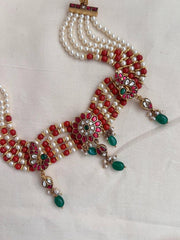 Kundan, ruby & emerald choker stringed with coral and pearl beads-Silver Neckpiece-CI-House of Taamara