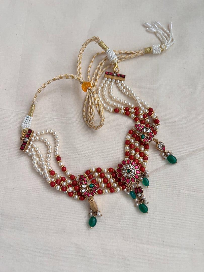 Kundan, ruby & emerald choker stringed with coral and pearl beads-Silver Neckpiece-CI-House of Taamara