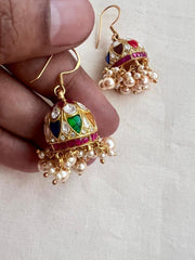 Kundan, ruby & emerald hook jhumkas with pearls-Earrings-CI-House of Taamara