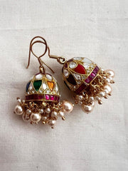 Kundan, ruby & emerald hook jhumkas with pearls-Earrings-CI-House of Taamara