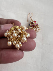 Kundan, ruby & emerald hook jhumkas with pearls-Earrings-CI-House of Taamara
