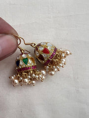 Kundan, ruby & emerald hook jhumkas with pearls-Earrings-CI-House of Taamara
