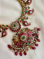 Kundan, ruby & emerald mango mala with pearls & ruby beads-Silver Neckpiece-CI-House of Taamara