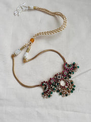 Kundan, ruby & emerald necklace with pearls & green onyx beads-Silver Neckpiece-CI-House of Taamara