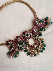 Kundan, ruby & emerald necklace with pearls & green onyx beads-Silver Neckpiece-CI-House of Taamara