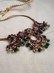 Kundan, ruby & emerald necklace with pearls & green onyx beads-Silver Neckpiece-CI-House of Taamara