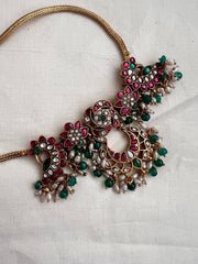 Kundan, ruby & emerald necklace with pearls & green onyx beads-Silver Neckpiece-CI-House of Taamara
