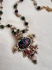 Kundan, ruby & emerald pendant with kundan inlay work on blue lapiz stone-Silver Neckpiece-CI-House of Taamara