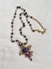 Kundan, ruby & emerald pendant with kundan inlay work on blue lapiz stone-Silver Neckpiece-CI-House of Taamara