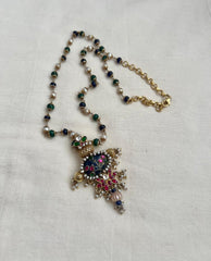 Kundan, ruby & emerald pendant with kundan inlay work on blue lapiz stone-Silver Neckpiece-CI-House of Taamara