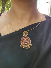 Kundan, ruby & emerald pendant with pearls and gold polish beads with hasli-Silver Neckpiece-CI-House of Taamara