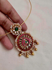 Kundan, ruby & emerald pendant with pearls and gold polish beads with hasli-Silver Neckpiece-CI-House of Taamara