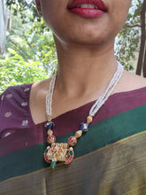 Kundan, ruby & emerald pendant with pearls and kundan inlay beads chain-Silver Neckpiece-CI-House of Taamara