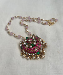 Kundan, ruby & emerald pendant with pearls and rose quartz beads chain-Silver Neckpiece-CI-House of Taamara