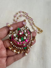 Kundan, ruby & emerald pendant with pearls and rose quartz beads chain-Silver Neckpiece-CI-House of Taamara