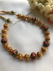 Kundan ruby & green beads with antique style gold beads mala-Silver Neckpiece-PL-House of Taamara