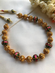 Kundan ruby & green beads with antique style gold beads mala-Silver Neckpiece-PL-House of Taamara