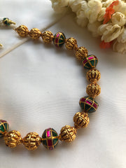 Kundan ruby & green beads with antique style gold beads mala-Silver Neckpiece-PL-House of Taamara