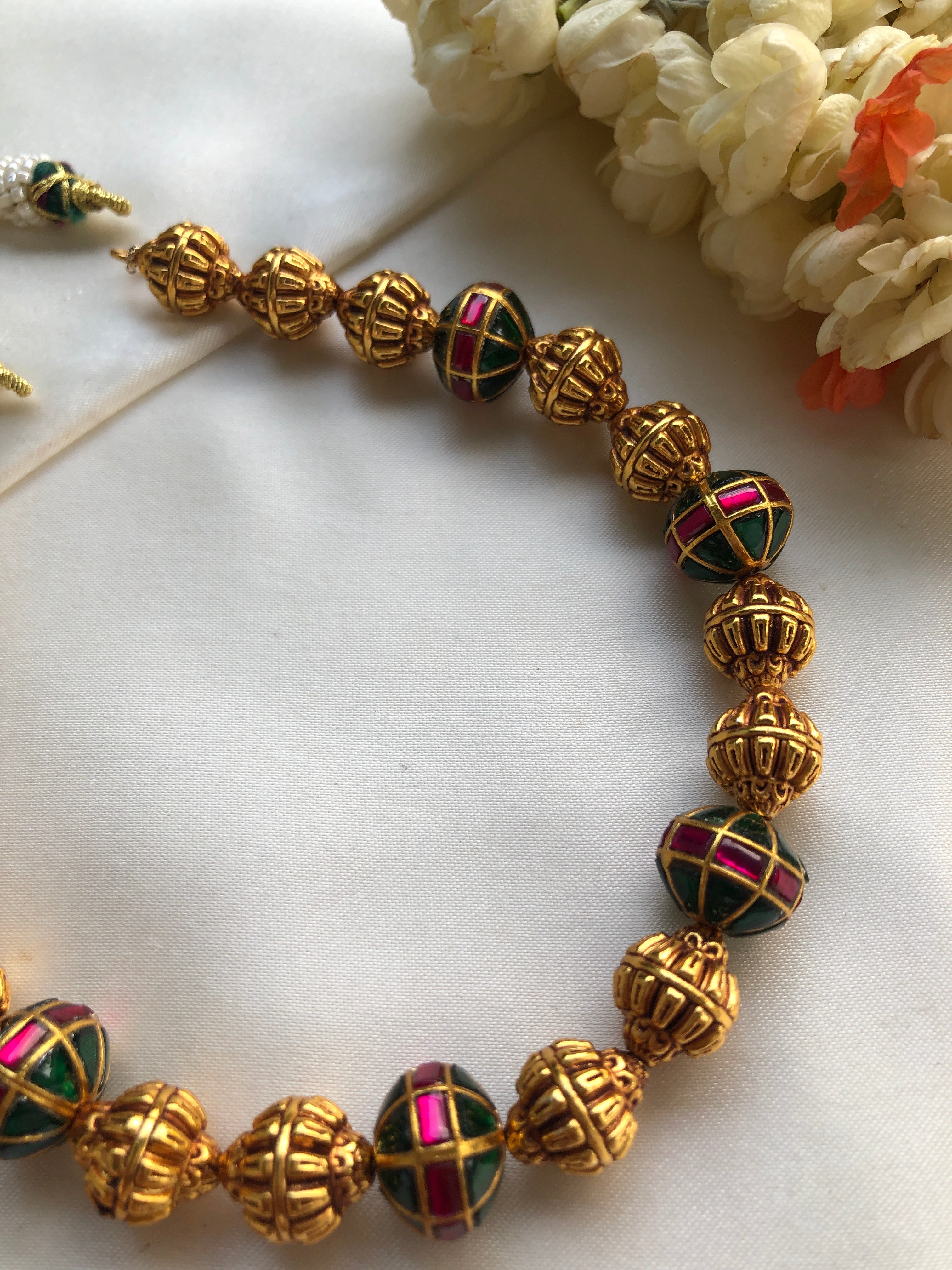 Kundan ruby & green beads with antique style gold beads mala-Silver Neckpiece-PL-House of Taamara