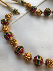 Kundan ruby & green beads with flower beads mala-Silver Neckpiece-PL-House of Taamara