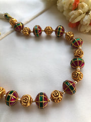 Kundan ruby & green beads with flower beads mala-Silver Neckpiece-PL-House of Taamara