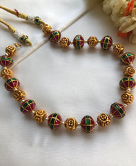 Kundan ruby & green beads with flower beads mala-Silver Neckpiece-PL-House of Taamara