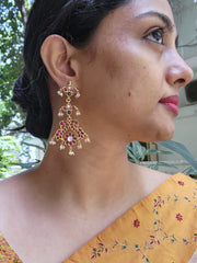 Kundan ruby & green long earrings-Earrings-PL-House of Taamara
