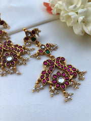 Kundan ruby & green long earrings-Earrings-PL-House of Taamara