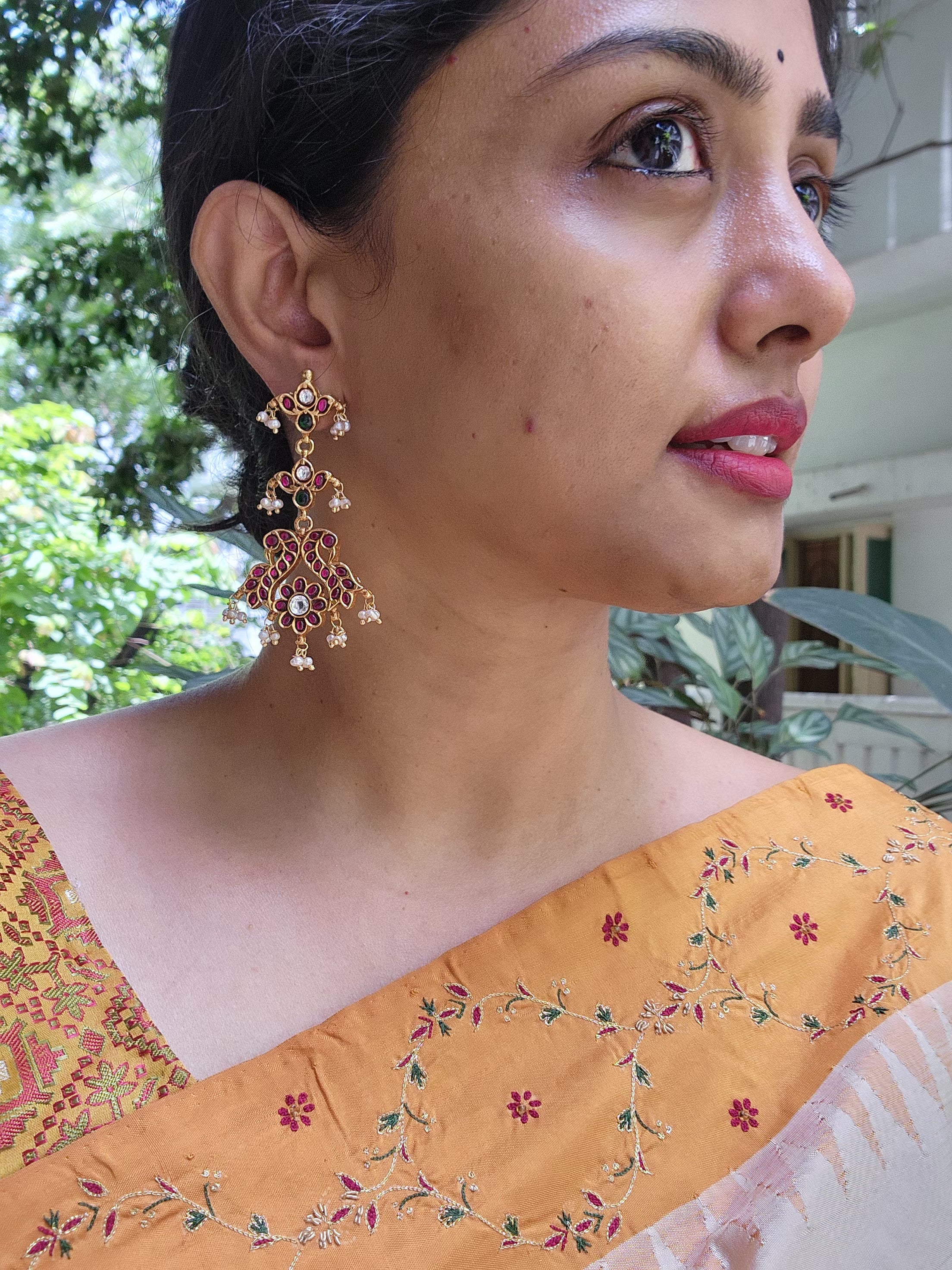 Kundan ruby & green long earrings-Earrings-PL-House of Taamara