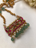 Kundan ruby & green peacock pendant, gold polish chain with green beads & pearls-Silver Neckpiece-PL-House of Taamara