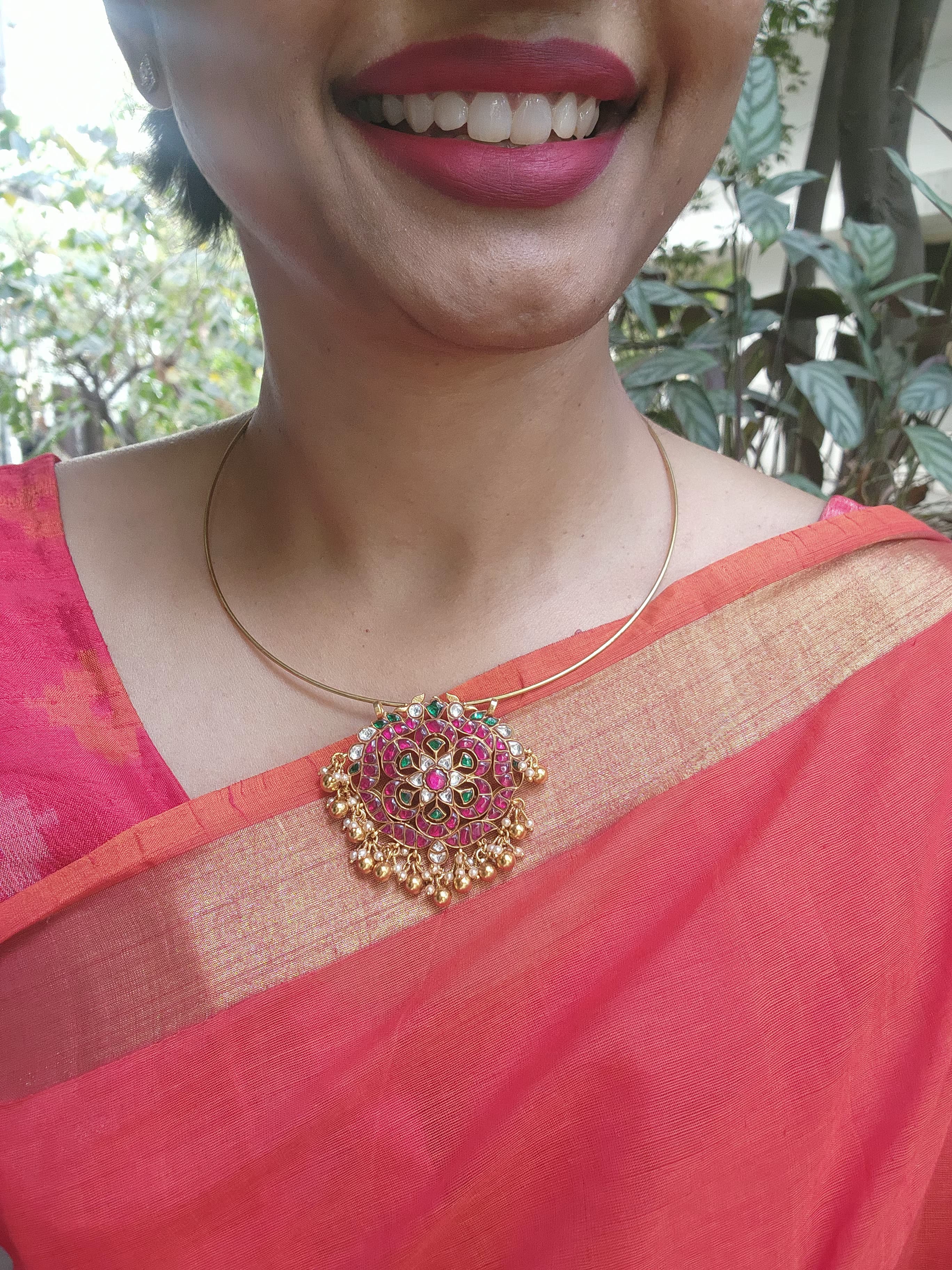 Kundan ruby & green stone pendant with Hasli-Silver Neckpiece-PL-House of Taamara