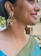 Kundan ruby, green with pearls & kundan earrings-Earrings-PL-House of Taamara